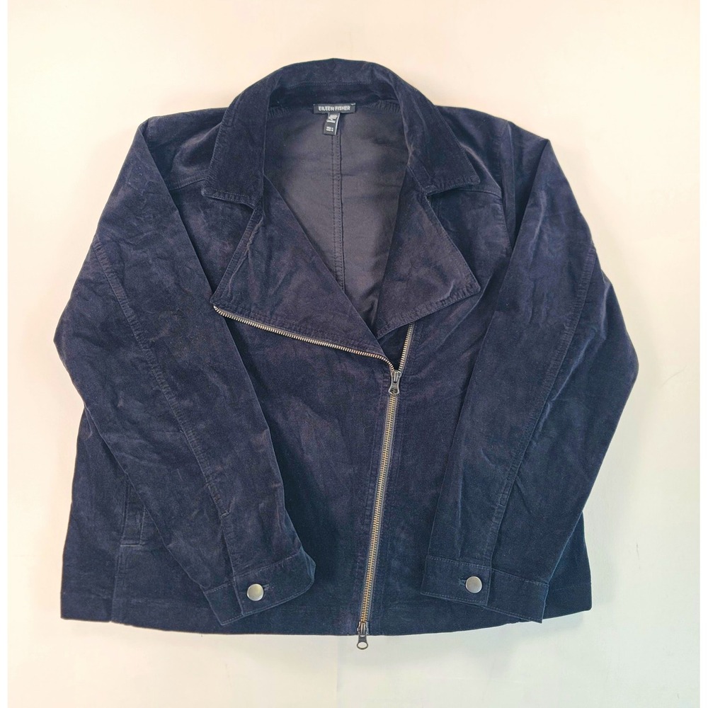 Eileen Fisher Womens L Organic Cotton Moto Jacket Velvet Black Biker